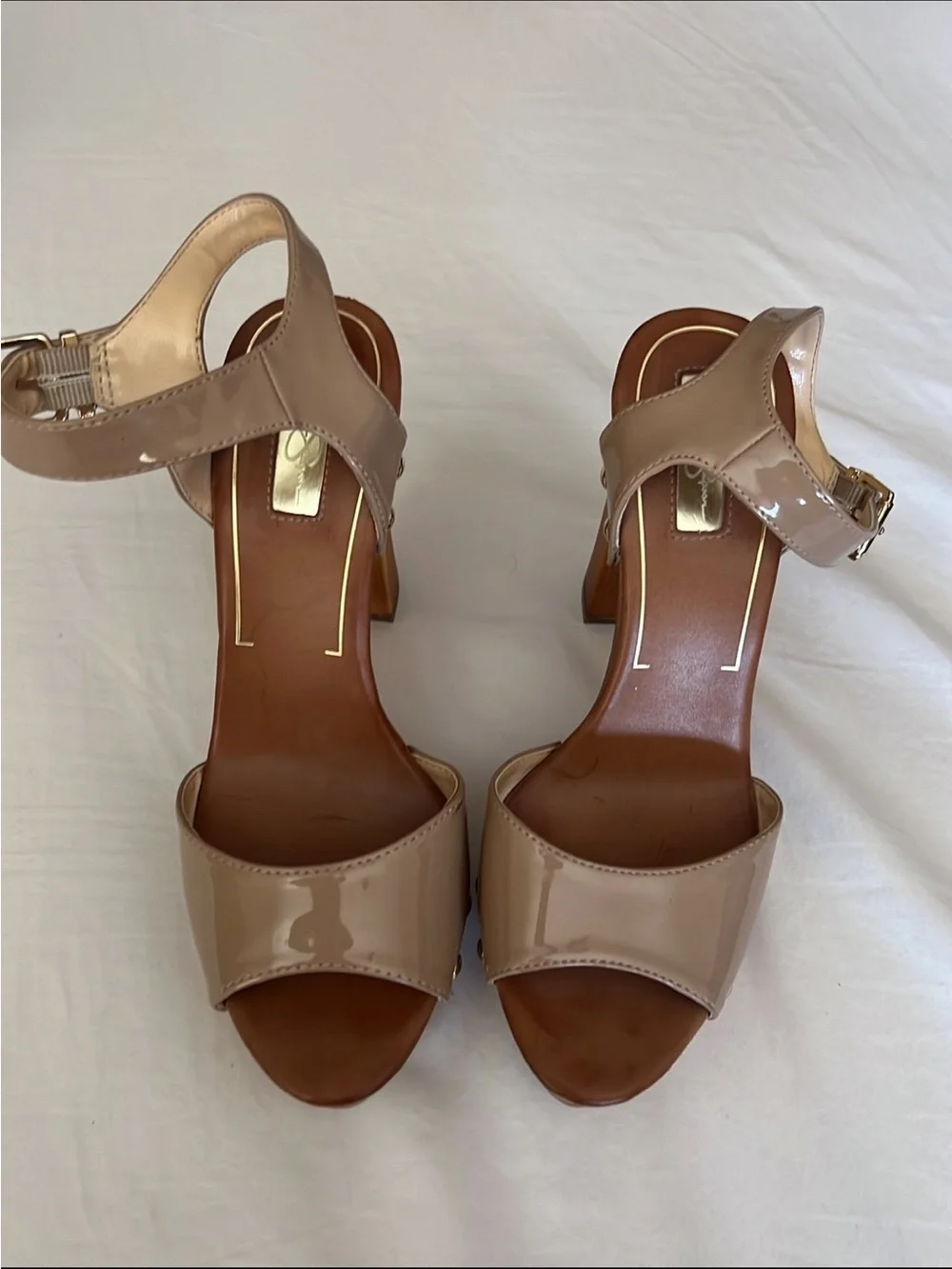 Jessica Simpson Nude Patent Block Heel Sandals